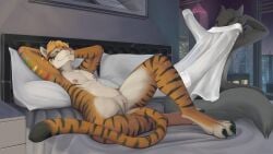 16:9 absurd_res alternate_version_at_source andromorph andromorph/male anthro areola athletic athletic_andromorph athletic_intersex bed bed_sheet bedding bedroom blue_eyes bodily_fluids bottomless canid canine canis city cityscape claws clothed clothed/nude clothed_anthro clothed_male clothing countershading detailed_background dressing duo faceless_character faceless_male felid fingerprint_(artist) fur furniture genital_fluids genitals hair hands_behind_head hi_res humanoid_genitalia humanoid_vulva inside intersex intersex/male looking_away looking_pleasured looking_up lying male mammal multicolored_vulva night nipples nude nude_andromorph nude_anthro nude_intersex on_back on_bed pantherine pillow pink_areola pink_nipples pink_vulva shirt shirt_only smile spread_legs spreading stripes tiger topwear topwear_only two_tone_vulva ty_hanson vulva widescreen window wolf