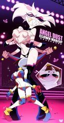 1boy 1girls angel_dust_(hazbin_hotel) big_breasts blush brown_hair english_text female great_dude hazbin_hotel large_breasts male male/female pomni_(the_amazing_digital_circus) short_hair text the_amazing_digital_circus vivienne_medrano wrestler wrestling wrestling_outfit wrestling_ring