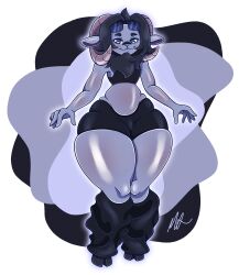 bandage_on_nose blue_eyes calves dark_blue_body dark_blue_fur dark_clothing dark_grey_hair goat goat_horns goat_humanoid huge_ass huge_breasts huge_butt huge_thighs hyper_ass hyper_thighs ram_horns shades shiny_body shiny_skin shiny_thighs simple_background simple_coloring simple_shading smug_face sunglasses teddybunnmt
