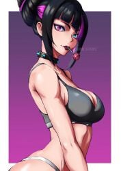 1girls adult adult_female bare_arms bare_back bare_belly bare_chest bare_hands bare_hips bare_midriff bare_shoulders bare_skin bare_thighs belly belly_button black_choker black_hair black_hair_female blue_eyes blue_eyes_female blunt_bangs bra breasts busty busty_female busty_girl capcom choker curvaceous curvaceous_body curvaceous_female curvaceous_figure curvaceous_hips curvy curvy_body curvy_female curvy_figure curvy_hips diagonal_bangs digital digital_art digital_drawing digital_drawing_(artwork) digital_media digital_media_(artwork) elbows exposed_arms exposed_back exposed_belly exposed_chest exposed_hips exposed_midriff exposed_shoulders exposed_skin exposed_thighs female female_focus female_only gradient_background grey_bra grey_panties grey_underwear hair_bun half_naked half_nude head_tilt heterochromia high_resolution highres hourglass_figure juri_han large_breasts lean_figure lips lolipop looking_at_viewer looking_sideways looking_to_the_side mature mature_female midriff multicolored_hair naked naked_female naked_woman narrow_waist navel nude nude_female nudity panties pink_eyes pink_eyes_female pink_hair pink_hair_female purple_background sdbh_satopu semi_nude short_hair shoulders sideboob sidelocks simple_background slender_body slender_waist slim_waist solo standing street_fighter tilted_head twin_buns underwear underwear_only upper_body wide_hips