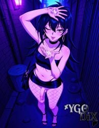 1boy ;p after_ejaculation ai_generated alley arm_up artist_name bag balls bare_shoulders black_choker black_hair black_skirt black_tube_top blush choker collarbone crop_top crossdressing cum cum_on_hand cum_on_hands cum_on_male dirty earrings erection femboy fishnet_pantyhose fishnets flaccid full_body hair_between_eyes handbag hoop_earrings jewelry long_hair looking_at_viewer male male_focus microskirt midriff miniskirt navel night one_eye_closed original_character otoko_no_ko outdoors panties pantyhose penis pink_eyes purple_eyes sandals shoulder_bag skirt solo standing testicles tongue tongue_out trash_can tube_top uncensored underwear watermark ygo-dix yu-gi-oh!