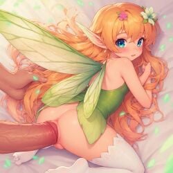 ai_generated anal anal_insertion anal_sex bent_over bigger_male bigger_penetrating_smaller blue_eyes doggy_style fairy fairy_wings femboy flower_in_hair green_clothing held_by_hair long_ears long_hair looking_back red_hair short_skirt smaller_ambiguous smaller_penetrated suprised white_legwear