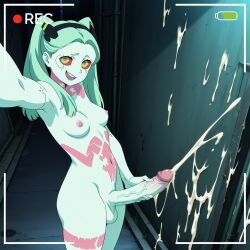 1futa ai_generated alley aqua_hair big_penis camera camera_overlay camera_pov colored_skin cum cum_drip cum_on_wall cumshot cyberpunk:_edgerunners excessive_cum futa_focus futa_masturbation futanari futos9669 looking_at_viewer masturbation night nude nude_futa rebecca_(edgerunners) red_sclera small_breasts tattoo tattoos twintails veiny_penis