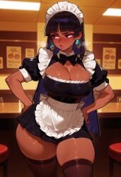 1girls ai_generated alternate_costume apron averting_eyes balecxi bangs bar_(place) bar_stool black_bow black_bowtie black_dress black_hair black_legwear black_thighhighs blunt_bangs blush bow bowtie breasts brown_eyes chel chel_(the_road_to_el_dorado) cleavage clothing clothing_cutout colored_inner_hair curvaceous curvaceous_female curvaceous_figure curvy curvy_figure dark-skinned_female dark_skin dress earrings enmaided eyeshadow female female_focus female_only frills hands_on_own_hips headdress headwear indoors inviting inviting_to_sex jewelry large_breasts legwear long_hair looking_to_the_side maid maid_apron maid_headdress makeup multicolored_hair open_mouth presenting presenting_ass presenting_breasts presenting_hindquarters presenting_self puffy_short_sleeves puffy_sleeves seductive seductive_look seductive_smile short_dress short_sleeves skindentation solo stool sweat the_road_to_el_dorado thick_lips thick_thighs thighhighs thighs uniform very_dark_skin voluptuous voluptuous_female waist_apron white_apron wide_hips zettai_ryouiki
