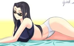 1girls 2015 ass black_hair booty_shorts brown_eyes female female_only kuroko_smith long_hair looking_over_eyewear looking_over_glasses looking_over_sunglasses lying lying_on_stomach monster_musume_no_iru_nichijou seductive solo sports_bra sunglasses thighs tinted_eyewear underwear watermark white_skin