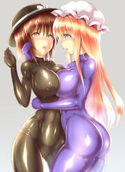 2012 2girls 5_fingers bodysuit breast_squeeze cameltoe eyes_open female female_only hair hat human jpeg latex latex_suit maribel_hearn multiple_girls renko_usami ronaldo_(pixiv) saliva shiny_clothes standing tagme touhou yuri