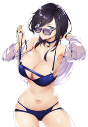 ark_royal_(azur_lane) ark_royal_(coast_watcher)_(azur_lane) azur_lane bikini black_hair blue_bikini blue_eyes breasts choker cleavage collarbone eyebrows_visible_through_hair highres holding large_breasts long_hair looking_over_eyewear looking_over_glasses navel see-through smile sunglasses swimsuit tagme thigh_strap tinted_eyewear tomohiro_kai