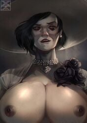 1girls 2021 alcina_dimitrescu areolae big_breasts black_hair breasts breasts_out capcom female female_only flower hat large_hat looking_at_viewer narrowed_eyes nipples pale-skinned_female pale_skin pearl_necklace red_lipstick resident_evil resident_evil_8:_village smiling smiling_at_viewer solo very_high_resolution xuuikie