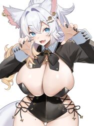 :d black_nails blush bulma_wolfy bunny_ears bunny_girl claw_pose fangs huge_breasts indie_virtual_youtuber long_nails mole_on_thigh second-party_source thick_thighs wide_hips