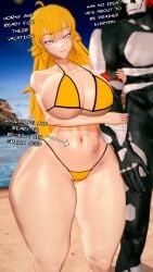 1boy 1girls big_breasts bikini bikini_bottom bikini_top blonde_female blonde_hair breasts dialogue grimm_(rwby) half-dressed half_naked half_naked_female long_hair long_hair_female monster monster_boy morepolygons11 purple_eyes rwby yang_xiao_long