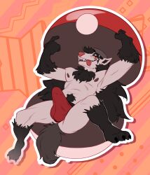 3_toes absurd_res animal_humanoid anthro balls big_balls big_penis black_body black_fur bottomwear bulge canid canine claws clothed clothing digital_media_(artwork) eirikbat erection fangs feet fur generation_3_pokemon genitals grey_body grey_fur hair hat headgear headwear hi_res humanoid humanoid_genitalia humanoid_penis inviting inviting_viewer jockstrap jockstrap_only looking_at_viewer male mammal mightyena nintendo nipples nude open_mouth paws penile penis pokeball pokemon pokemon_(species) presenting red_eyes seductive simple_background smile solo tail teeth toe_claws toes tongue topless tuft underwear underwear_only