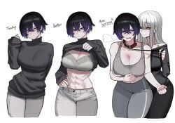 2girls abs big_breasts bra clothed clothing collar color female female_focus female_only fit_female hi_res large_breasts light-skinned_female light_skin muscles muscular muscular_female original_character ratatatat74 short_hair tagme thick_thighs white_hair