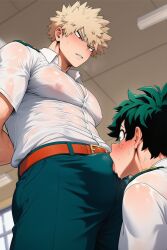 abs ai_generated bakery bakugou_katsuki biceps breasts cake camp_buddy classroom compression_shirt dick enormous_breasts gay gym gym_uniform hiro_akiba huge_cock male muscular muscular_male my_hero_academia oriven penis shirt