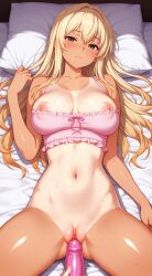 ai_generated bed blonde_hair brown_hair dildo large_breasts pink_tank_top shy tank_top_lift teasing_pussy wet_body