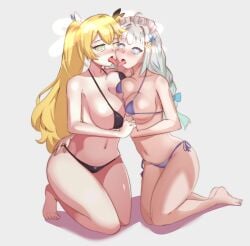 absurdres ahoge barefoot bikini blonde_hair breast_press breasts dokibird dokibird_(1st_costume) female female_only femsub french_kiss kneeling large_breasts long_hair mind_control mint_fantome multiple_females multiple_girls multiple_subs navel smeef spiral_eyes tongue tongue_out twintails virtual_youtuber white_background yuri