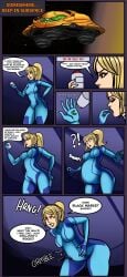 belly_expansion big_belly bloated_belly blonde_hair blue_eyes lolotron metroid nintendo samus_aran stomach_pain thick_ass weight_gain zero_suit zero_suit_samus