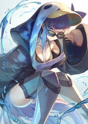 adjusting_eyewear adjusting_glasses adjusting_sunglasses animal_hood breasts choker eyebrows_visible_through_hair fate/grand_order fate_(series) female female_only highres hood long_hair looking_at_viewer looking_over_eyewear looking_over_glasses looking_over_sunglasses meltryllis meltryllis_(swimsuit_lancer)_(fate) purple_hair sleeves_past_wrists solo sunglasses tagme tinted_eyewear very_long_hair