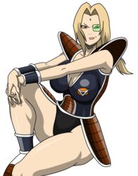 armor blonde_hair body_change body_swap breasts captain_ginyu cleavage dragon_ball dragon_ball_z female female_only ginyu1992 ginyu_force_battle_armor green-tinted_eyewear hands_on_knees kunoichi long_hair naruto naruto_(series) scouter sitting smirk solo tagme thick_thighs thighs tinted_eyewear tsunade wearing_others_clothes