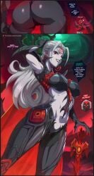 1boy 1girls ass big_ass big_butt color deadpool english_text felox08 female grey_hair hela hela_(marvel_rivals) hela_(queen_in_black) hi_res light-skinned_female light_skin long_hair male male/female marvel tagme text text_bubble thick_thighs