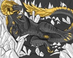 absurd_res anus big_horn bodily_fluids capcom cave claws crystal dhalek digital_media_(artwork) dragon elder_dragon female feral genital_fluids genitals hi_res horizontal_pupils horn kulve_taroth looking_at_viewer lying monster_hunter mythological_creature mythological_scalie mythology on_side presenting pupils scales scalie signature smile solo spikes spikes_(anatomy) tail teeth vulva yellow_eyes