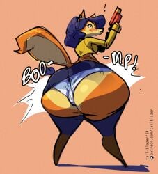 2024 anthro anus_outline ass big_butt biped blue_hair canid canine carmelita_fox clothing female female_anthro fox fur gun hair hi_res huge_butt huge_hips huge_thighs mammal orange_body orange_fur pink_background ranged_weapon rear_view simple_background sly_cooper_(series) solo sony_corporation sony_interactive_entertainment sucker_punch_productions tail-blazer thick_thighs underwear weapon wide_hips