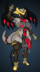 anthro armpits bedroom_eyes clawed_fingers dommy_mommy dragon futanari giratina greyscaledummy heels horns horsecock legendary_pokemon looking_at_viewer muscle_mommy muscular peace_sign pokemon pokemon_(species) signature simple_background sleeves spikes stockings sweat tall veiny_penis voluptuous wings wrinkled_balls