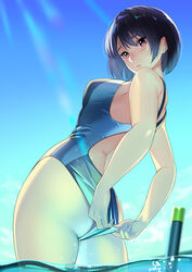 1girls absurdres adjusting_clothes adjusting_swimsuit ass black_hair blurry blush breasts competition_swimsuit depth_of_field female female_only from_below highres kagematsuri looking_down mole mole_under_mouth one-piece_swimsuit original purple_eyes short_hair sideboob snorkel solo solo_female swimsuit thick_thighs twitter_username wading wet