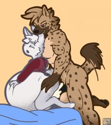 ambiguous_gender ambiguous_penetration anthro bite black_nose blue_eyes bodily_fluids bottomless bottomless_ambiguous brown_spots closed_eyes clothed clothing clutching_stomach cum cum_inside cum_splatter duo ear_bite from_behind_position genital_fluids hi_res hyena inflation kneeling lagomorph leporid looking_at_another looking_at_partner male male/ambiguous mammal markings motion_lines narrowed_eyebrows nude nx-42 open_mouth penetration penile penile_penetration pink_inner_ear rabbit red_clothing red_shirt red_topwear sex shirt spots spotted_body spotted_hyena tan_body topwear white_body