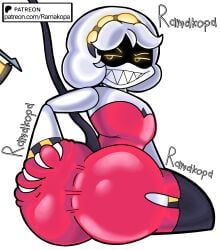 artist_name ass ass_bigger_than_head ass_focus ass_grab big_ass big_butt booty butt_focus clothed clothing digital_drawing digital_drawing_(artwork) digital_media digital_media_(artwork) dress female female_only full_color fully_clothed glitch_productions looking_at_viewer looking_back mischievous mischievous_smile murder_drones patreon patreon_username ramakopa_(artist) red_dress robot serial_designation_v sharp_teeth smile smirk smirking smirking_at_viewer v_(murder_drones) visor white_background white_body white_hair