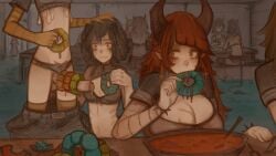 3girls animal_ears black_hair black_panties black_shirt blunt_bangs bow bow_panties bowl breasts brown_horns brown_thighhighs cat_ears cleavage_cutout clothes_pull clothing_aside clothing_cutout colored_skin condom cropped_shirt cross cross_earrings donut earrings eating erection female food food_on_body food_on_penis futanari hand_on_another's_head head_out_of_frame highres holding holding_donut holding_food horns huge_breasts indoors intersex jewelry long_hair looking_at_another looking_at_penis multiple_girls navel oerba_yun_fang orange_eyes orange_skin original panties panties_aside pants pants_pull penis people pointy_ears precum precum_drip red_eyes red_hair sharp_teeth shirt short_hair short_sleeves sleeveless sleeveless_shirt small_breasts soup standing stomach syvaron table teeth thighhighs underwear used_condom