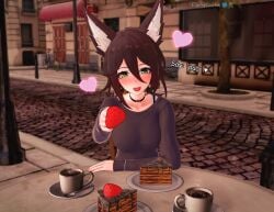 1girls 3d 3d_(artwork) animal_ears big_breasts blush breasts brown_hair cafe cake choker coffee coffee_mug female female_focus female_only flyingcookie fox_ears fox_girl green_eyes happy heart honkai:_star_rail honkai_(series) kemonomimi koikatsu looking_at_viewer open_mouth oppai pov sfw strawberry street tingyun_(honkai:_star_rail) watermark wholesome