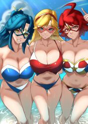 3girls adult adult_female ahoge antenna_hair bare_arms bare_belly bare_chest bare_hips bare_knees bare_legs bare_midriff bare_navel bare_shoulders bare_skin bare_thighs belly belly_button big_breasts bikini bikini_bottom bikini_only bikini_top blonde_eyebrows blonde_female blonde_hair blonde_hair_female blue_background blue_bikini blue_bikini_bottom blue_bikini_top blue_eyebrows blue_eyes blue_eyes_female blue_hair blue_hair_female blue_sky blue_swimsuit blue_swimwear breast_to_breast breasts busty busty_female busty_girl character_request cleavage closed_mouth_smile clouds collarbone copyright_request curvaceous curvaceous_body curvaceous_female curvaceous_figure curvaceous_hips curvaceous_thighs curvy curvy_body curvy_female curvy_figure curvy_hips curvy_thighs day daylight daytime digital digital_art digital_drawing digital_drawing_(artwork) digital_media digital_media_(artwork) exposed_arms exposed_belly exposed_chest exposed_hips exposed_knees exposed_legs exposed_midriff exposed_navel exposed_shoulders exposed_skin exposed_thighs female female_focus female_only fingers green_eyes green_eyes_female groin hairband halterneck head_tilt high_resolution highres hourglass_figure huge_boobs huge_breasts knees large_boobs large_breasts lean_figure long_hair looking_at_viewer mature mature_female midriff multiple_females multiple_girls narrow_waist navel outdoor outdoor_nudity outdoors outside parted_bangs parted_lips plump_breasts ponytail red_bikini red_bikini_bottom red_bikini_top red_eyes red_eyes_female red_hair red_hair_female red_swimsuit red_swimwear sdbh_satopu shiny_breasts shiny_legs shiny_skin shiny_thighs short_hair shoulder_to_shoulder shoulders sidelocks simple_background sky slender_body slender_waist slim_waist smile smiley_face smiling smiling_at_viewer smirk standing string_bikini sunglasses sunglasses_on_head swimsuit swimwear thick_thighs thigh_gap thighs tilted_head wide_hips