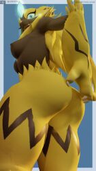 absurd_res animal_humanoid anthro ass athletic athletic_female big_butt blue_eyes erect_nipples felid felid_humanoid feline female fur generation_7_pokemon glowing glowing_markings hi_res humanoid legendary_pokemon looking_at_viewer mammal mammal_humanoid markings nintendo nipples nude nude_anthro nude_female pokemon pokemon_(species) samtrix slim small_waist solo tail thick_thighs yellow_body yellow_fur zeraora