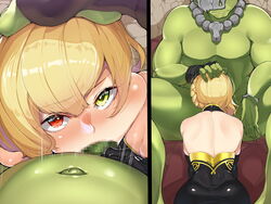 1boy 1girls blonde_hair blowjob censored cum fellatio female forced green-skinned_male green_eyes green_skin hanazawa_suou heterochromia interspecies light-skinned_female light_skin male male_pov monster mosaic_censoring oral orc pov rape red_eyes slave