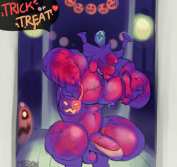 abs animal_humanoid anthro balls biceps big_muscles big_penis clothing cnidarian costume digital_media_(artwork) erection food fruit genitals halloween hi_res holidays humanoid humanoid_genitalia humanoid_penis jellyfish ji-u looking_at_viewer male male_only marine medusozoan merong monster muscular muscular_anthro muscular_male nipple_piercing nipples nude open_mouth pecs penis piercing plant pumpkin smile solo text tongue trick_or_treat