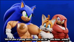 3d_(artwork) abs accessory anthro big_breasts blue_body blue_eyes blue_fur breasts canid canine clothing dialogue digital_media_(artwork) ear_piercing ear_ring echidna english_text eulipotyphlan eyelashes female fox ftm_crossgender fur gloves green_eyes group hands_on_hips handwear hedgehog knuckles_the_echidna looking_at_breasts male mammal monotreme mtf_crossgender muscular muscular_anthro muscular_female muscular_male nipples open_mouth piercing red_body red_fur ring_piercing rule_63 sega simple_background smile sonic_the_hedgehog sonic_the_hedgehog_(series) tails teeth text trio vulkyasha white_body white_clothing white_fur white_gloves white_handwear yellow_body yellow_fur