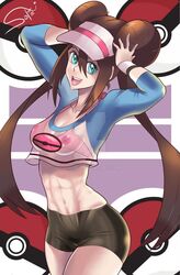 1girls abs alternate_outfit annoying_watermark bike_shorts blue_eyes brown_hair deviantart eye_contact female female_only fit hair_bun human long_hair looking_at_viewer midriff muscular muscular_female nintendo nipples nipples_visible_through_clothing pokemon pokemon_bw2 rosa_(pokemon) see-through shorts small_breasts smaller_male solfei solo source_request text thick_thighs thigh_gap thin_waist url watermark wide_hips