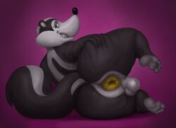 anthro anus ass balls big_butt dagapuff fan_character feet genitals grin looking_at_viewer looking_back male male_only mammal mephitid perineum presenting skunk slightly_chubby smile solo spreading swollen_anus teeth