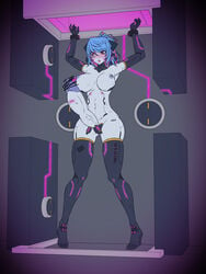 1futa android armpits ass_visible_through_thighs barcode barcode_tattoo blue_hair blue_skin blush censor_bar censored erect_nipples erection futa_only futanari handcuffs huge_cock humanoid machinery maru_mui medium_breasts mole mole_under_eye multicolored_hair navel nipples pink_eyes restrained robot robot_girl solo text tied_hair