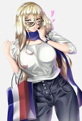 absurdres aqua_eyes bag blonde_female blonde_hair blue_scarf breasts commentary_request cowboy_shot dutch_angle female french_flag gradient gradient_background hair_between_eyes high-waist_pants highres kantai_collection kome_cola large_breasts long_hair looking_over_eyewear looking_over_glasses mole mole_under_eye mole_under_mouth nail_polish pants red_nails richelieu_(kantai_collection) scarf shirt shopping_bag smile solo sunglasses tinted_eyewear watch white_shirt