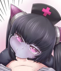 1boy 1girls black_hair blush cheek_bulge chrome_(mon-musu_quest!) chrome_(monster_girl_quest) emphasis_lines fellatio female hat head_tilt heart highres horns light-skinned_male light_skin looking_at_viewer mon-musu_quest! monster_girl_quest nurse nurse_cap oral penis pink_eyes pov purple-skinned_female purple_skin rantana_(lalalalackluster) red_cross ringed_eyes saliva solo_focus spoken_heart straight succubus sweat textless twintails uncensored