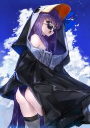 animal_costume animal_hood ass bare_shoulders blue_eyes blue_ribbon cloud eyebrows_visible_through_hair fate/grand_order fate_(series) female highres hood hood_up hoodie hoshiineko long_hair looking_back looking_over_eyewear looking_over_glasses meltryllis meltryllis_(swimsuit_lancer)_(fate) open_mouth oversized_clothes penguin_costume ribbon sky sleeves_past_wrists solo sunglasses thighhighs tinted_eyewear zettai_ryouiki