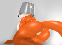 absurd_res anthro anus ass bucket bucket_hat canid canine female fox fur furry furry_only genitals hi_res mammal plaster psakorn_tnoi pussy rear_view simple_background solo tail