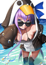 adjusting_eyewear adjusting_glasses bangs blue_eyes blue_ribbon blush breasts choker closed_mouth collarbone fate/grand_order fate_(series) female greaves hair_between_eyes licking_lips long_hair long_sleeves looking_at_viewer looking_over_eyewear looking_over_glasses meltryllis meltryllis_(swimsuit_lancer)_(fate) penguin_hood purple_hair ribbon sleeves_past_fingers sleeves_past_wrists small_breasts smile solo sunglasses thighs tinted_eyewear tongue tongue_out very_long_hair water white_background zukky