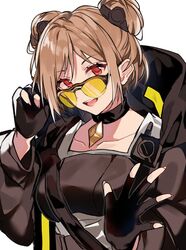 adjusting_eyewear adjusting_glasses aogisa black_gloves brown_hair choker coat double_bun female fingerless_gloves girls'_frontline highres long_sleeves looking_over_eyewear looking_over_glasses looking_over_sunglasses open_mouth orange-tinted_eyewear p90_(girls_frontline) red_eyes solo sunglasses tactical_clothes tactical_glasses tagme tinted_eyewear yellow-tinted_eyewear