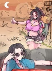 1boy 1girls 6_eyes alternate_costume backpack big_breasts black_hair car cleavage demon_girl demon_slayer denim_shorts facial_markings fear_and_loathing_in_las_vegas female genderswap_(mtf) hitchhiking huge_breasts kimetsu_no_yaiba kkku_gt kokushibo long_hair male michikatsu_tsugikuni multi_eye muzan_kibutsuji parody ponytail red_sclera rule_63 short_shorts shorts sunglasses thick_thighs tied_shirt wide_hips yellow_eyes