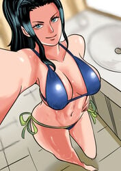 1girls big_breasts bikini black_hair blue_eyes breasts cleavage female female_only highres large_breasts looking_at_viewer nico_robin one_piece ponytail post-timeskip shounen_jump smile solo swimsuit tagme tinafate1