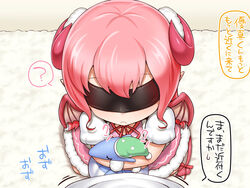 1boy blindfold closed_eyes closed_mouth covered_eyes demon_girl demon_horns demon_tail demon_wings dress female highres holding holding_stuffed_animal horns kneeling neck_ribbon original pink_dress pink_hair pointy_ears pov puffy_short_sleeves puffy_sleeves rantana_(lalalalackluster) red_neckwear red_ribbon ribbon shirt short_sleeves stuffed_animal stuffed_toy succubus tail tail_ribbon white_shirt wings