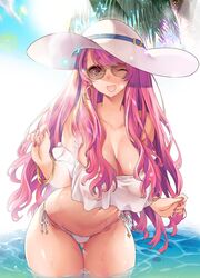 ;d aizono_manami bikini breasts cleavage earrings female fingernails gluteal_fold groin hat highres hoop_earrings jewelry large_breasts leaning_forward long_fingernails long_hair nail_polish nijisanji one_eye_closed open_mouth palm_tree pink_hair side-tie_bikini smile sunglasses sunlight swimsuit thighs thomasz tinted_eyewear tree virtual_youtuber wading wavy_hair white_bikini wink