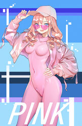 :d absurdres baseball_cap blue_eyes bodystocking breasts collarbone commentary_request covered_navel cropped_jacket female hand_on_headwear hand_on_hip hand_up hat heart heart-shaped_eyewear highres jacket kongbai long_hair long_sleeves looking_at_viewer medium_breasts open_clothes open_jacket open_mouth original pink-tinted_eyewear pink_hair pink_jacket pink_theme smile solo standing sunglasses tagme tinted_eyewear white_headwear zipper_pull_tab